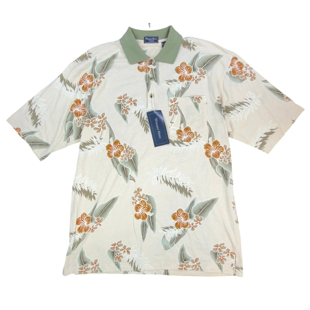 Winner Mate Polo Shirt Mens M Y2K Beige Cotton Rayon Tropical Floral Hibiscus
